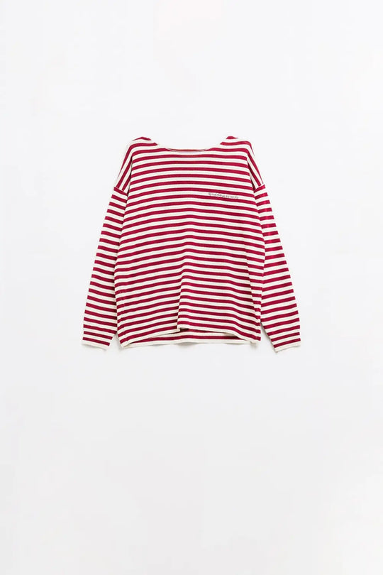 Q2 wine color striped fine knit sweater with boat neck