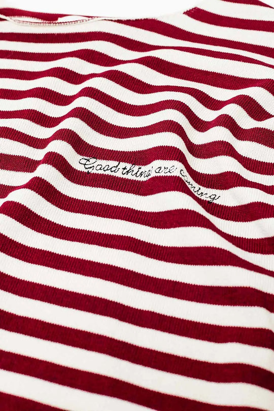 wine color striped fine knit sweater with boat neck - Sweaters