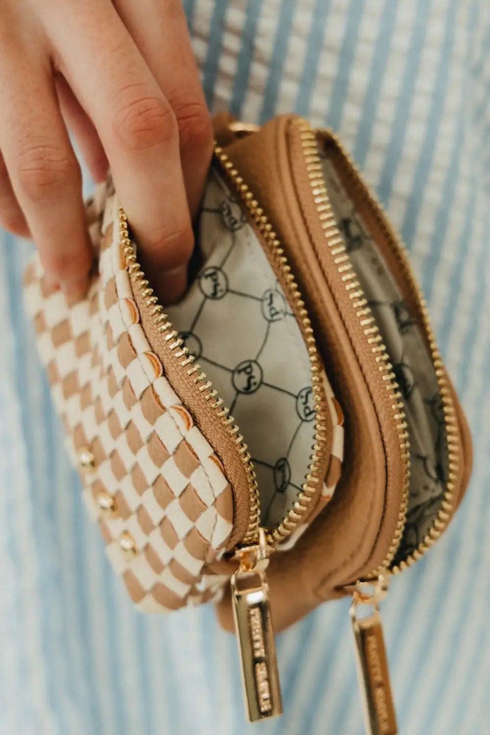 Woven Cameron Double Zip Clippable Card Wallet - Checkered Tan - Wallet