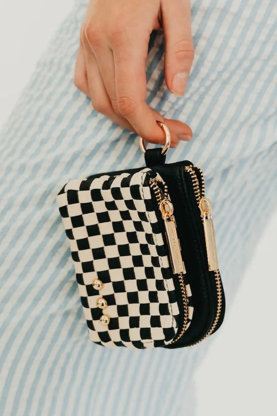 Woven Cameron Double Zip Clippable Card Wallet - Checkered Black - Wallet