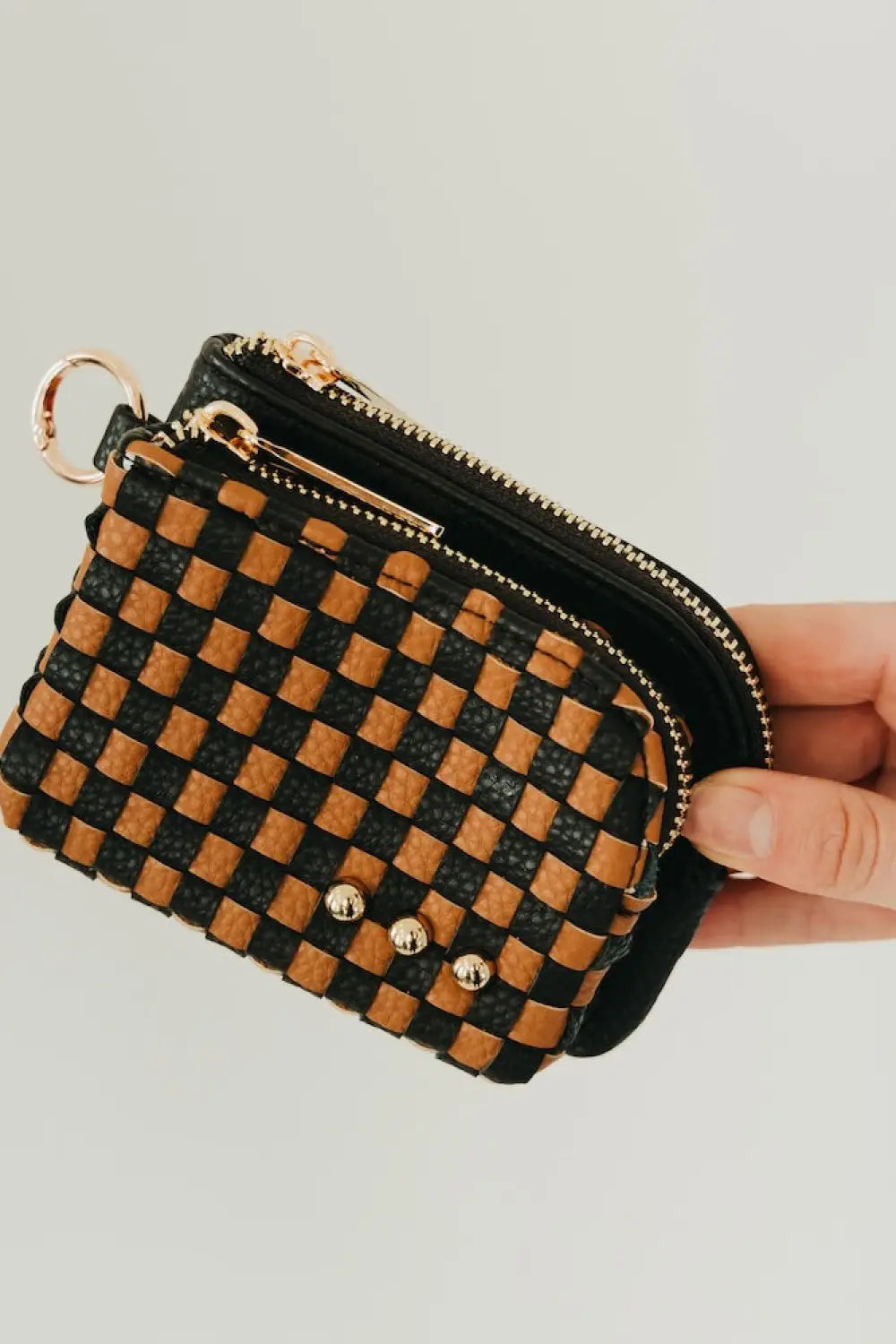 Woven Cameron Double Zip Clippable Card Wallet - Checkered Coffee - Wallet