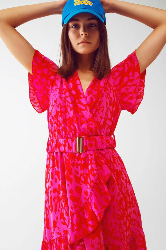 Wrap Belted Animal Print Mini Dress in Fuchsia - Dresses