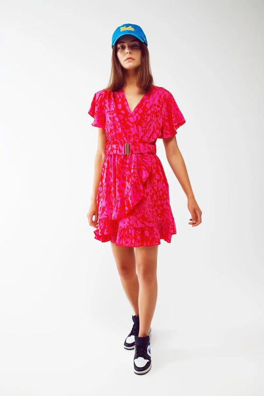 Wrap Belted Animal Print Mini Dress in Fuchsia - Dresses