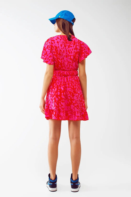 Wrap Belted Animal Print Mini Dress in Fuchsia - Dresses