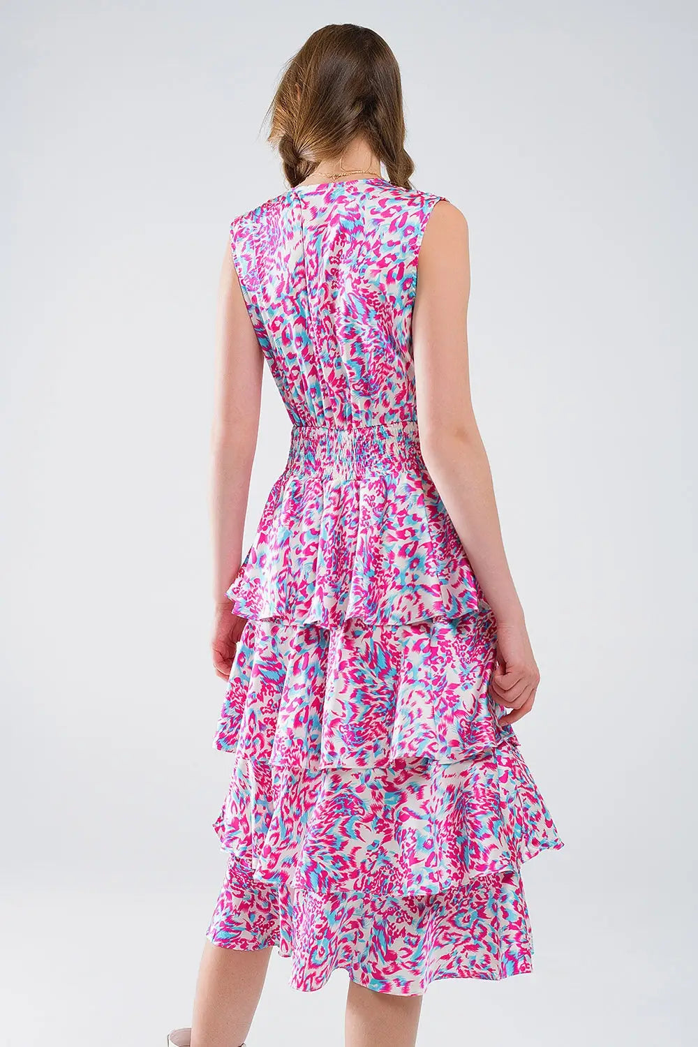 Wrap Front Midid Dress With Tiered Skirt in Multicolor Animal Print - Dresses