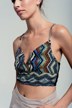 Q2 Wrap geo-tribal printed crop top in green