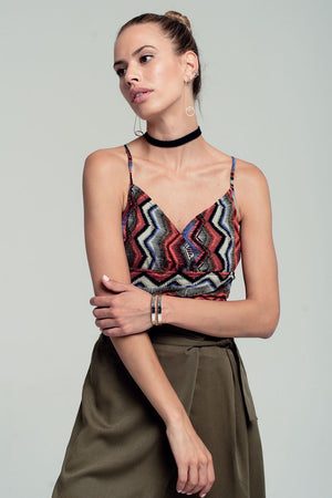 Q2 Wrap geo-tribal printed crop top in red