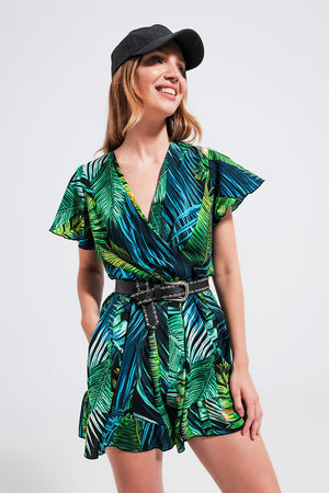 Q2 Wrap jumpsuit in green tropical print