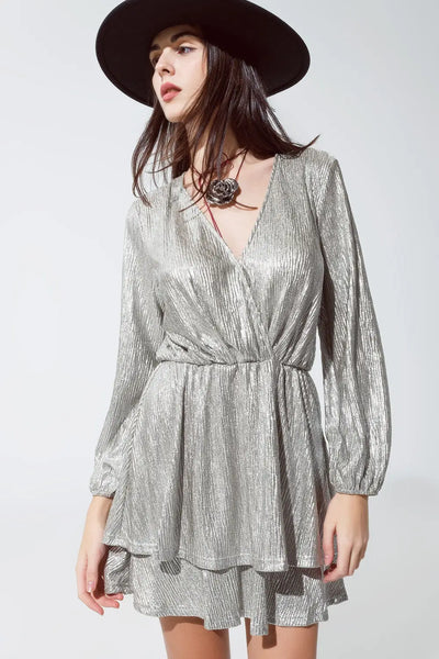 Wrap Long Sleeve Tiered Silver Dress - Dresses