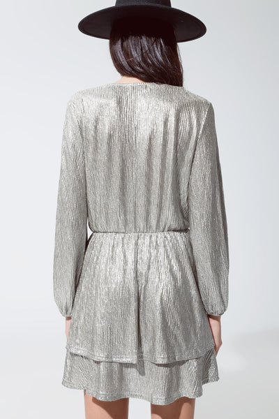 Wrap Long Sleeve Tiered Silver Dress