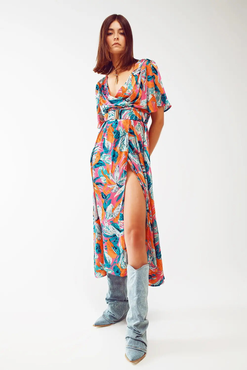 Wrap Maxi Belted Dress With Floral Print In Orange - Dresses