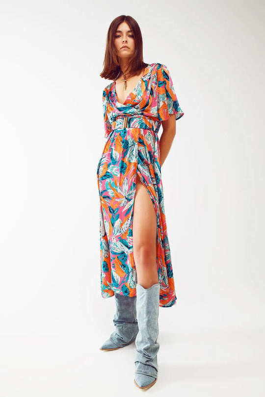 Wrap Maxi Belted Dress With Floral Print In Orange - Dresses