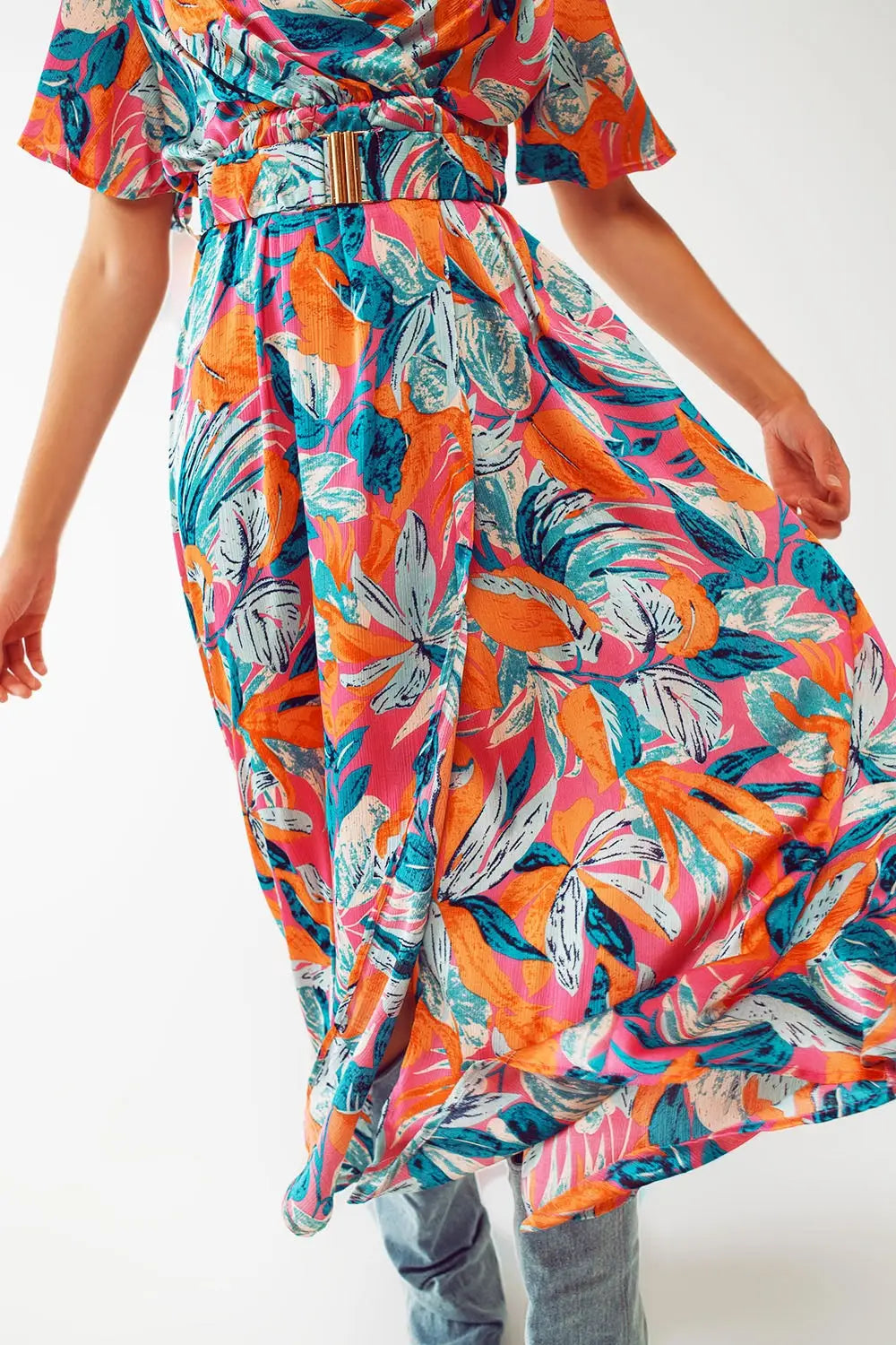 Wrap Maxi Belted Dress With Floral Print In Orange - Dresses