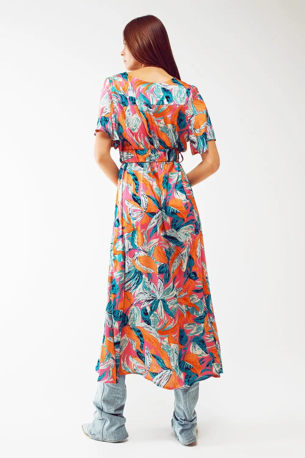Wrap Maxi Belted Dress With Floral Print In Orange - Dresses