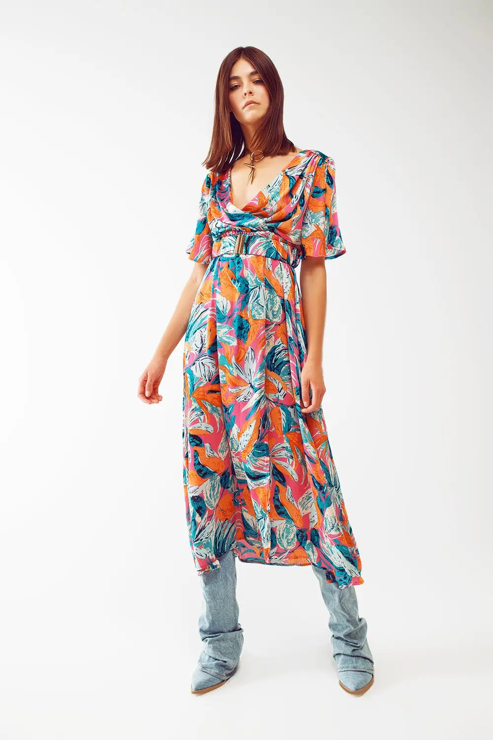 Wrap Maxi Belted Dress With Floral Print In Orange - Dresses