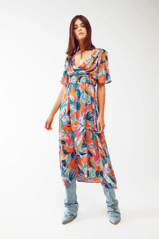 Wrap Maxi Belted Dress With Floral Print In Orange - Dresses