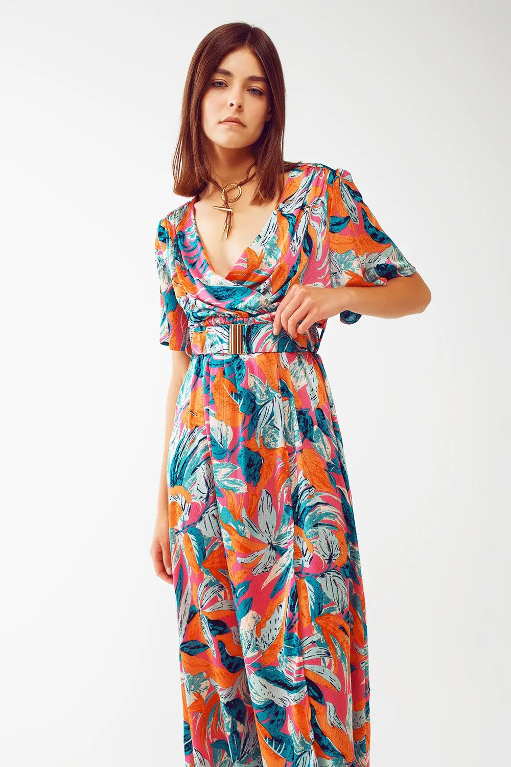 Wrap Maxi Belted Dress With Floral Print In Orange - Dresses