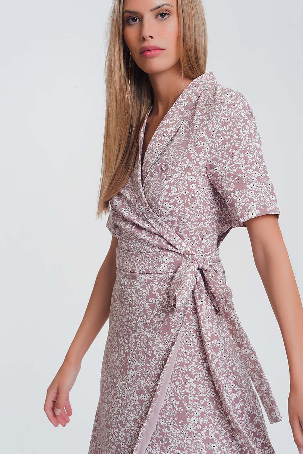 wrap midi dress in pink floral print