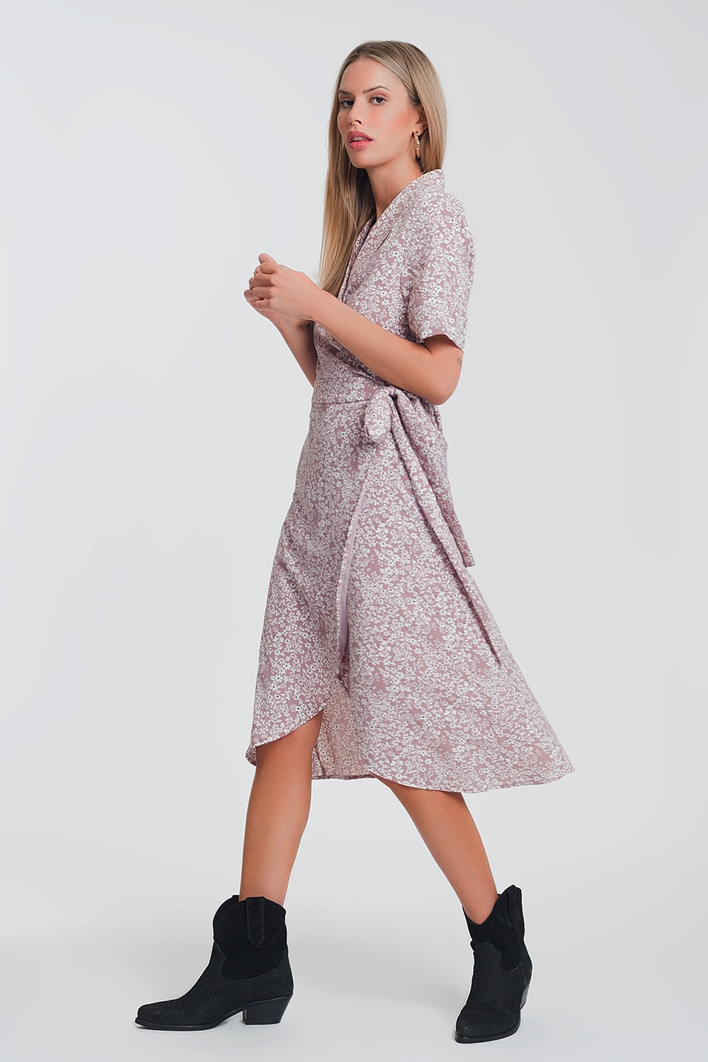 wrap midi dress in pink floral print