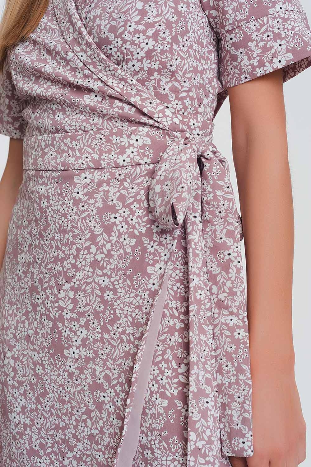 wrap midi dress in pink floral print