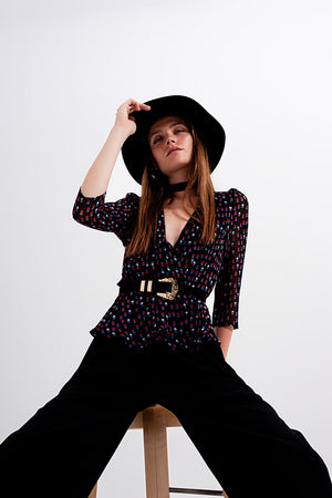 Q2 Wrap polka dot chiffon top in black