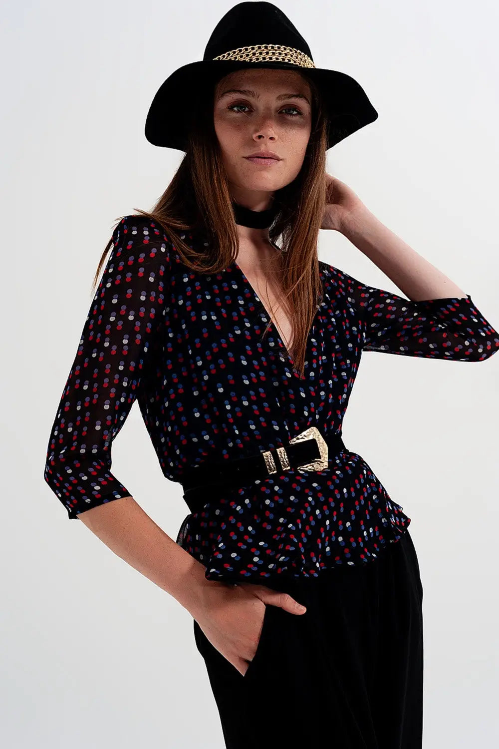 Wrap polka dot chiffon top in black - Shirts