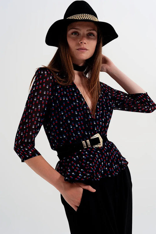 Wrap polka dot chiffon top in black - Shirts