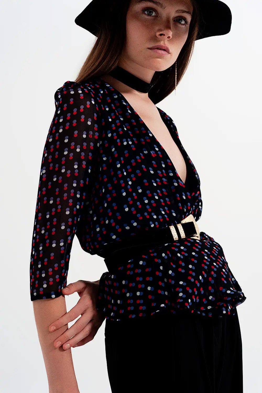 Wrap polka dot chiffon top in black - Shirts