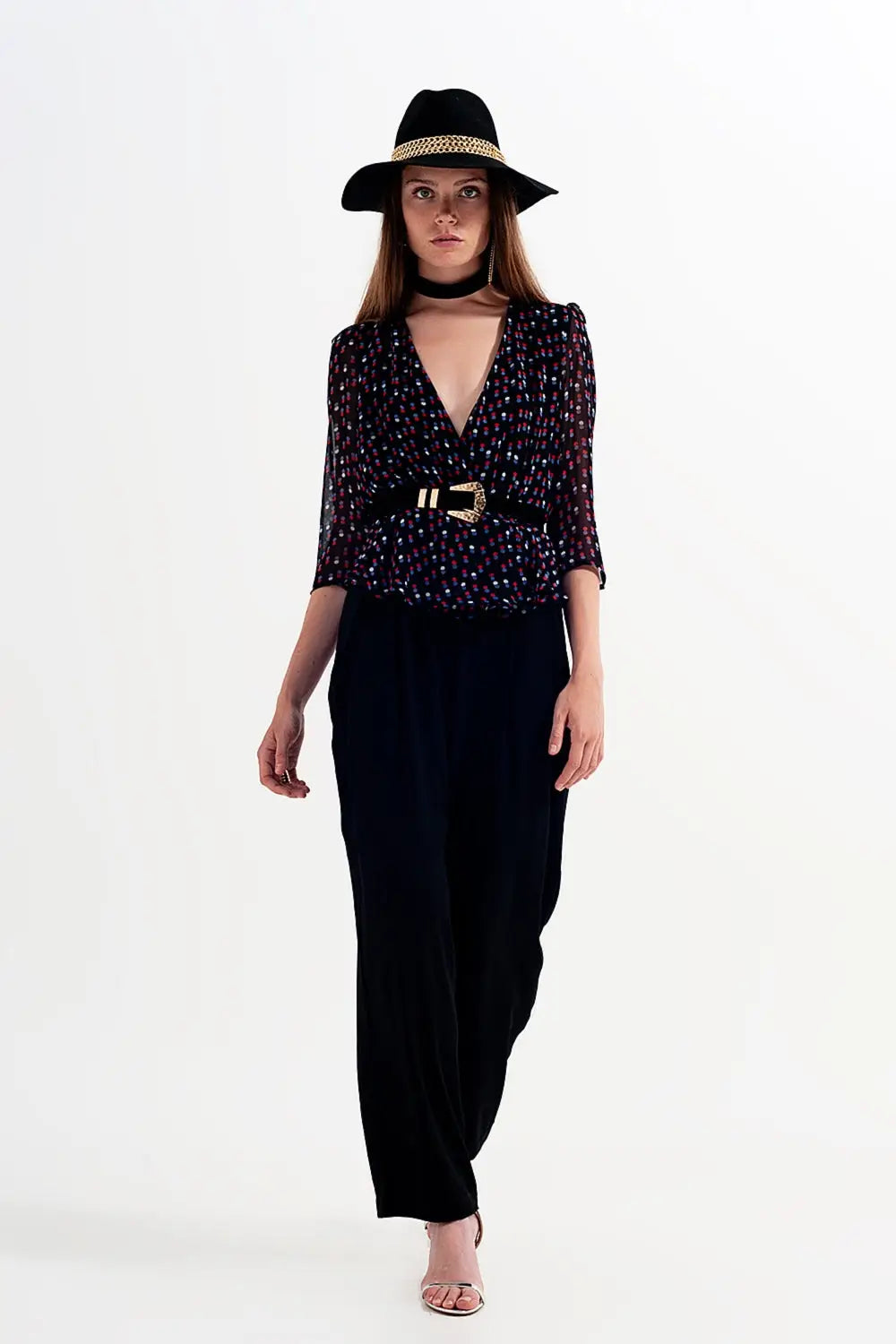 Wrap polka dot chiffon top in black - Shirts
