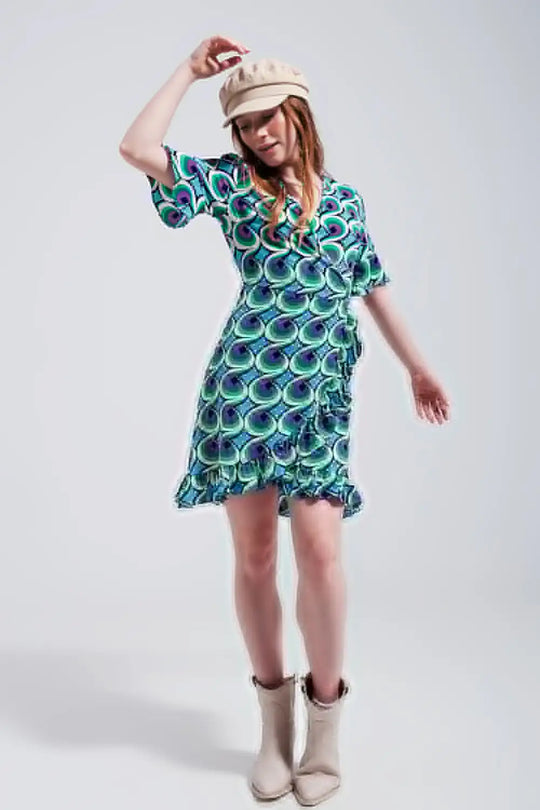 Wrap ruffle hem mini dress in 70s blue print - Dresses