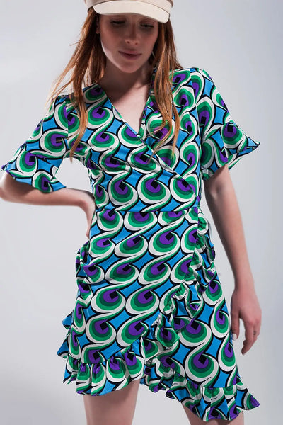 Wrap ruffle hem mini dress in 70s blue print - Dresses