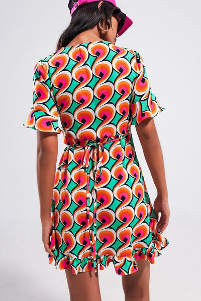 Wrap ruffle hem mini dress in 70s orange print - Dresses