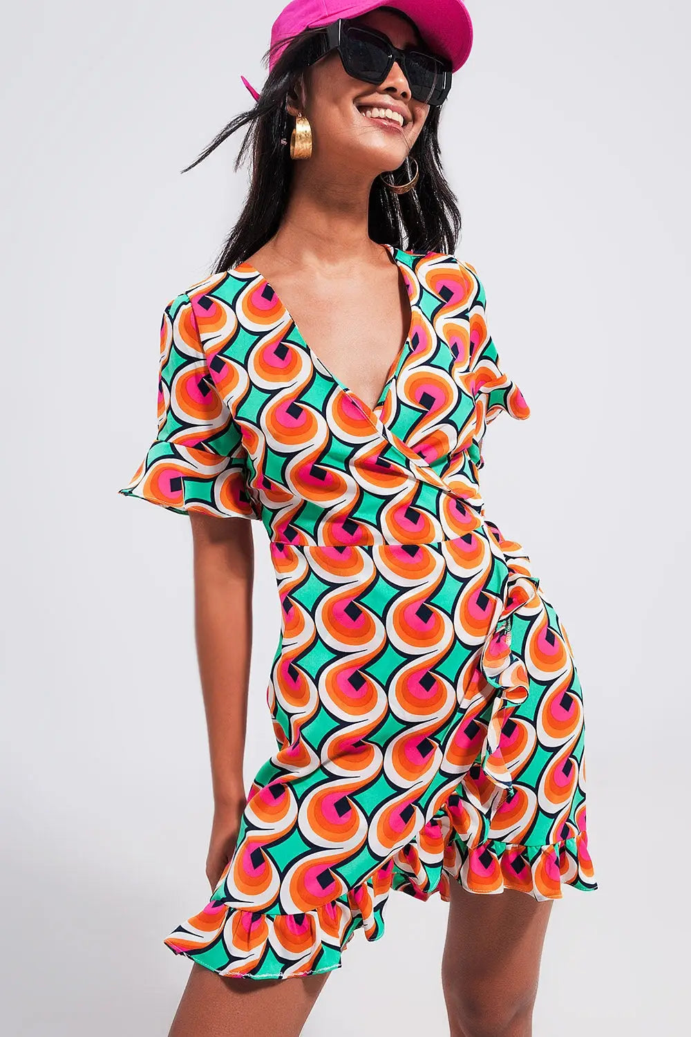 Wrap ruffle hem mini dress in 70s orange print - Dresses