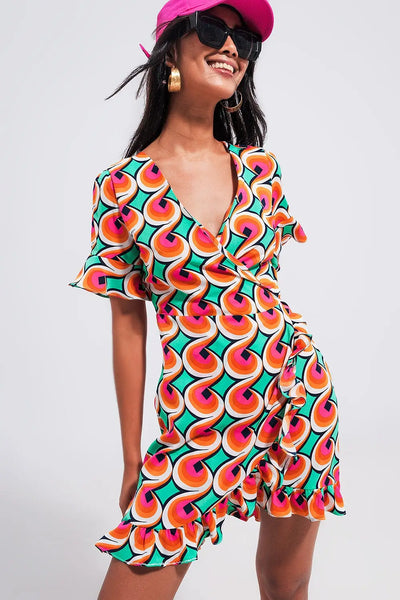 Wrap ruffle hem mini dress in 70s orange print - Dresses