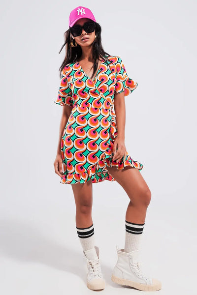 Wrap ruffle hem mini dress in 70s orange print - Dresses