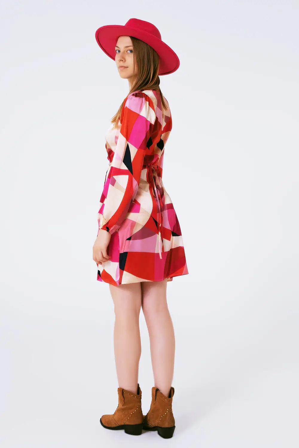 Wrap Short Abstract Print Dress in Fuxia - Dresses