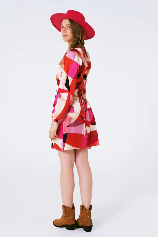 Wrap Short Abstract Print Dress in Fuxia - Dresses