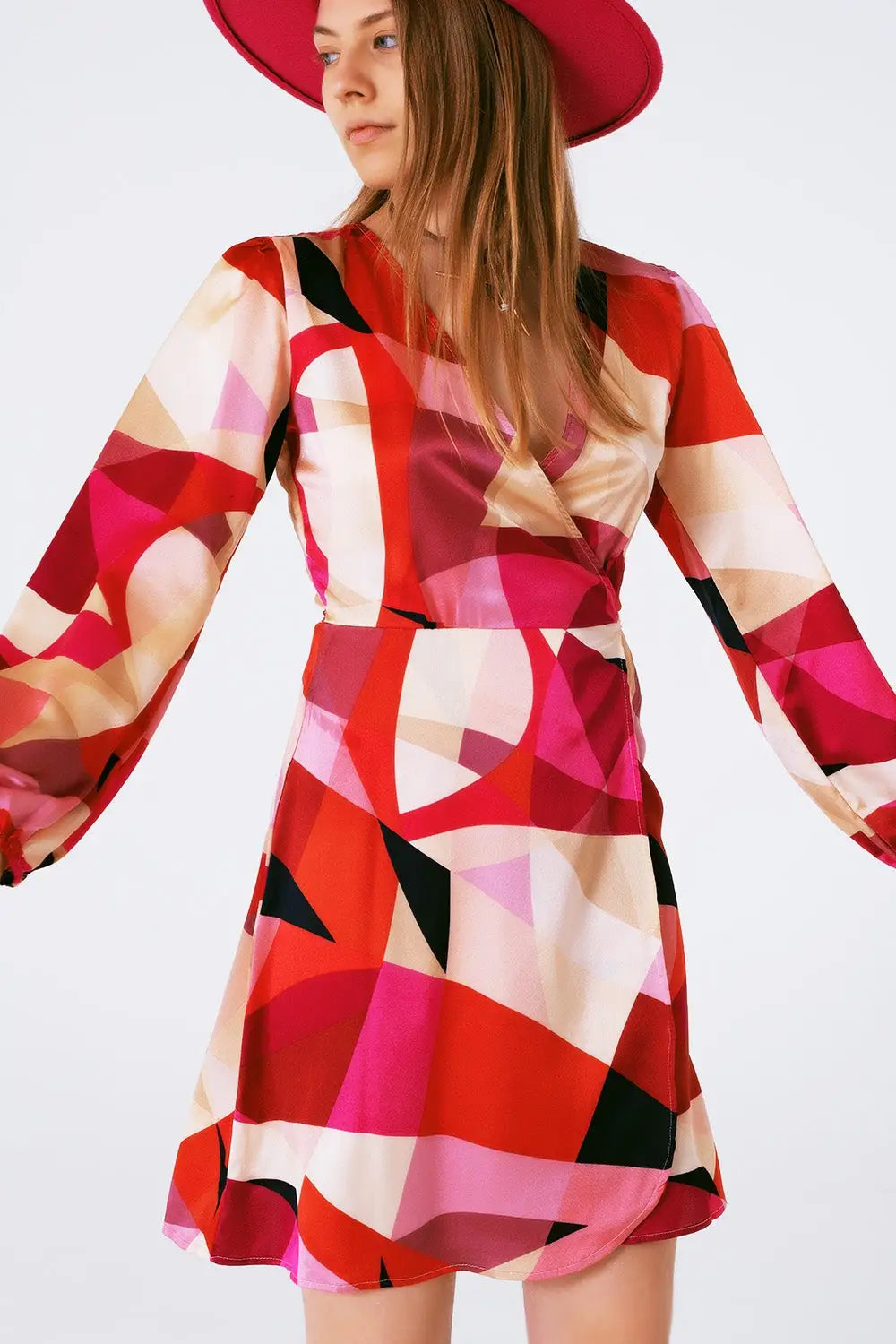 Wrap Short Abstract Print Dress in Fuxia - Dresses