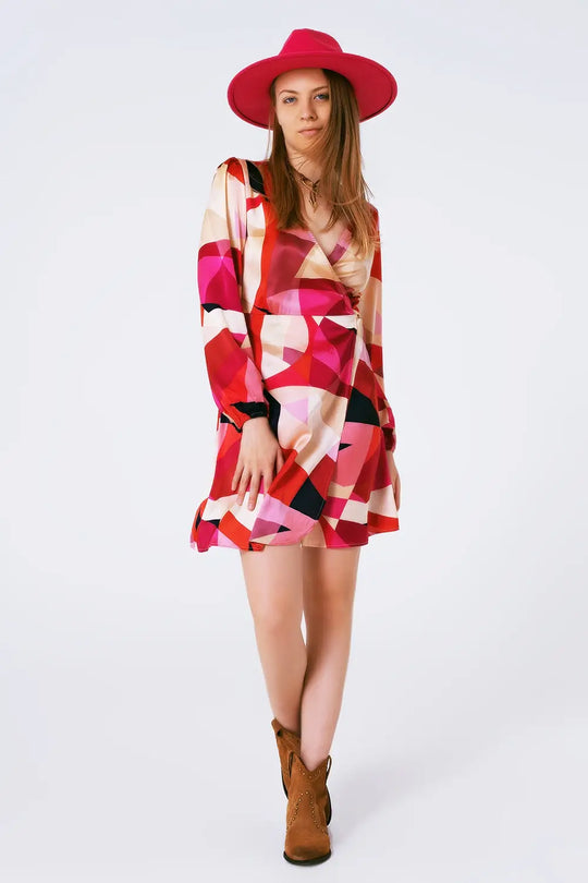 Wrap Short Abstract Print Dress in Fuxia - Dresses