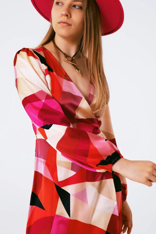 Wrap Short Abstract Print Dress in Fuxia - Dresses