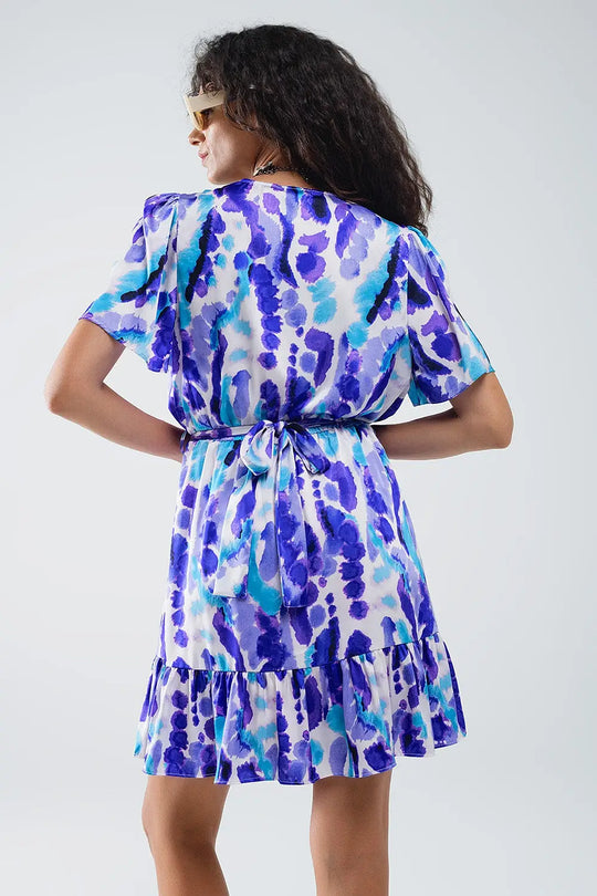Wrap Short Dress In Blue and Purple Tie-dye - Dresses
