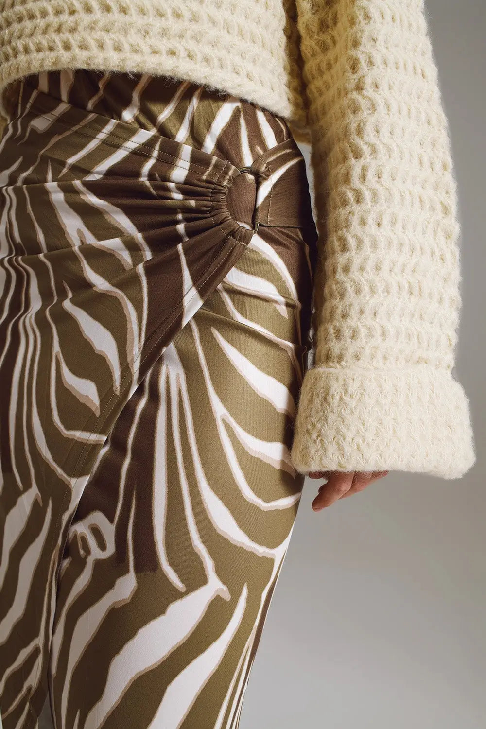 Wrap skirt with gathered detail at the side in Olive Green and Cream Zebra Print - Skirts