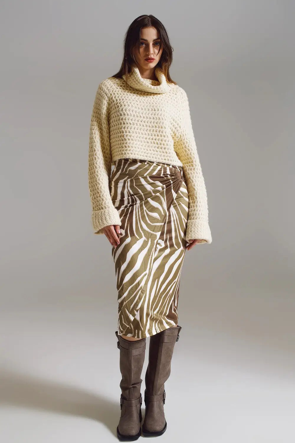 Wrap skirt with gathered detail at the side in Olive Green and Cream Zebra Print - Skirts