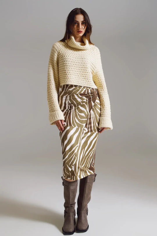 Wrap skirt with gathered detail at the side in Olive Green and Cream Zebra Print - Skirts