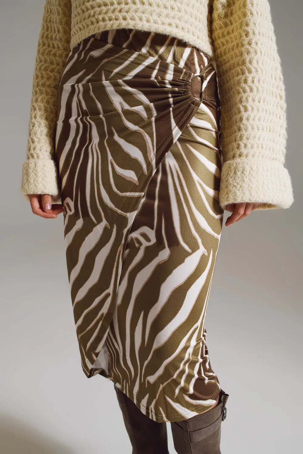 Wrap skirt with gathered detail at the side in Olive Green and Cream Zebra Print - Skirts