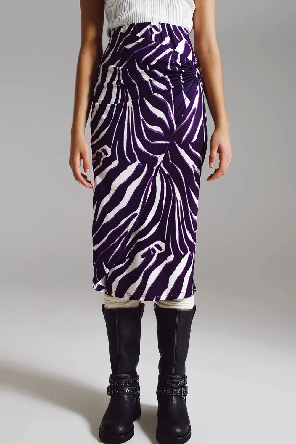 Wrap skirt with gathered detail at the side in Purple and Cream Zebra Print - Skirts