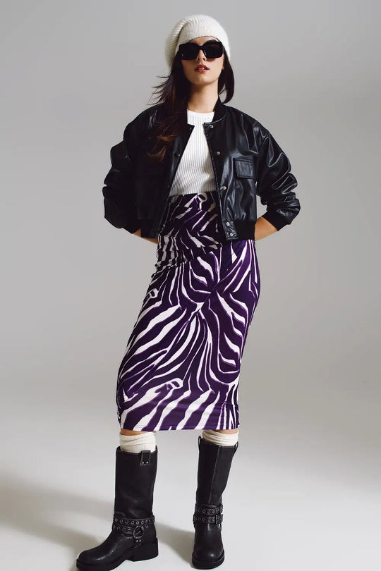 Wrap skirt with gathered detail at the side in Purple and Cream Zebra Print - Skirts