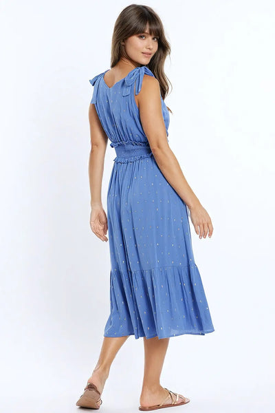 Wrapped Blue Midi Dress With Smock Detail At The Waist and Golden Polka Dots - Dresses