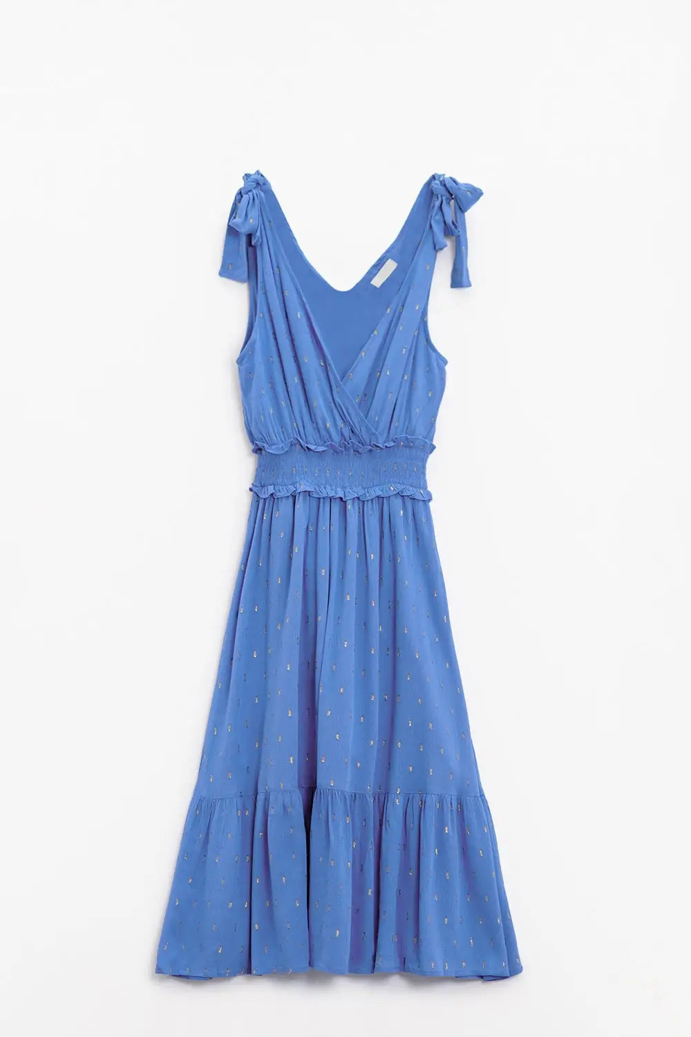Wrapped Blue Midi Dress With Smock Detail At The Waist and Golden Polka Dots - Dresses