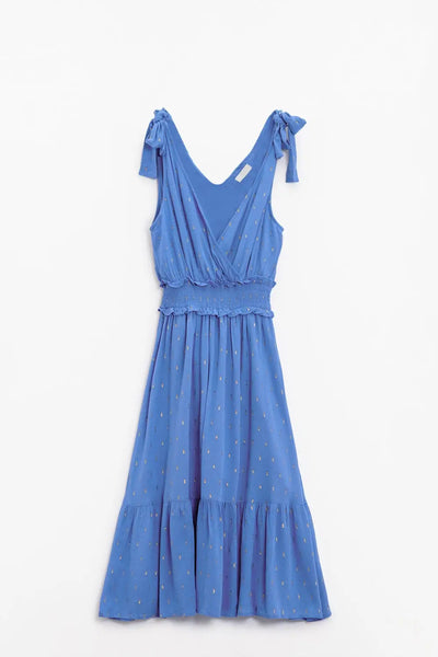 Wrapped Blue Midi Dress With Smock Detail At The Waist and Golden Polka Dots - Dresses